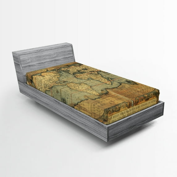 Ambesonne World Map Fitted Sheet, Vintage Atlas Old Chart, Twin Size, Sand Brown Slate Blue
