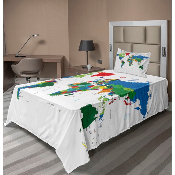 Ambesonne World Map Fitted & Top Sheet Set with Sham, Colorful Political, Multicolor