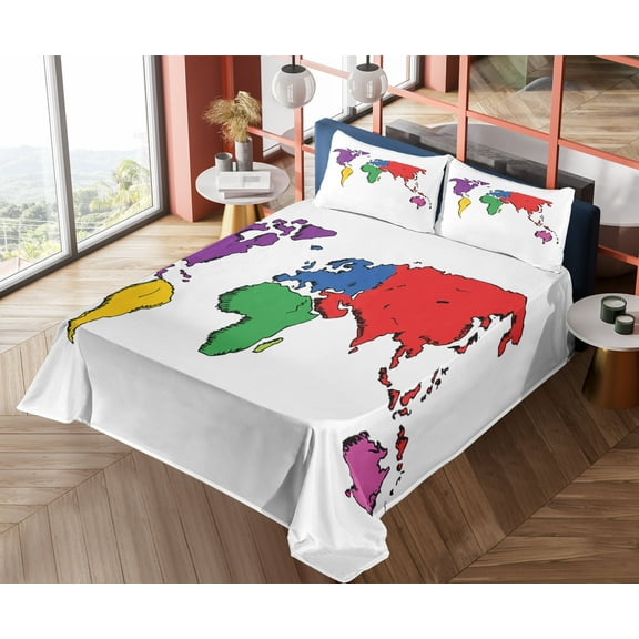 Ambesonne World Map Fitted & Top Sheet Set with Shams, Modern, Multicolor