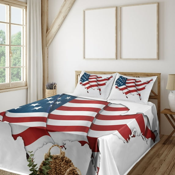 Ambesonne World Map Fitted & Top Sheet Set with Shams, United States Flag, White Red Blue