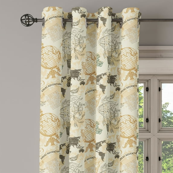 Ambesonne World Map Grommet Curtain Single Panel, Vintage Globe, 50"x60", Beige Olive Green