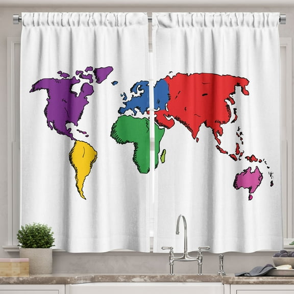 Ambesonne World Map Kitchen Curtains, Modern, 55"x36", Multicolor