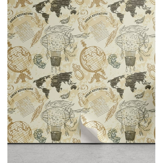 Ambesonne World Map Peel & Stick Wallpaper for Home, Vintage Globe, 13"x100", Beige Olive Green