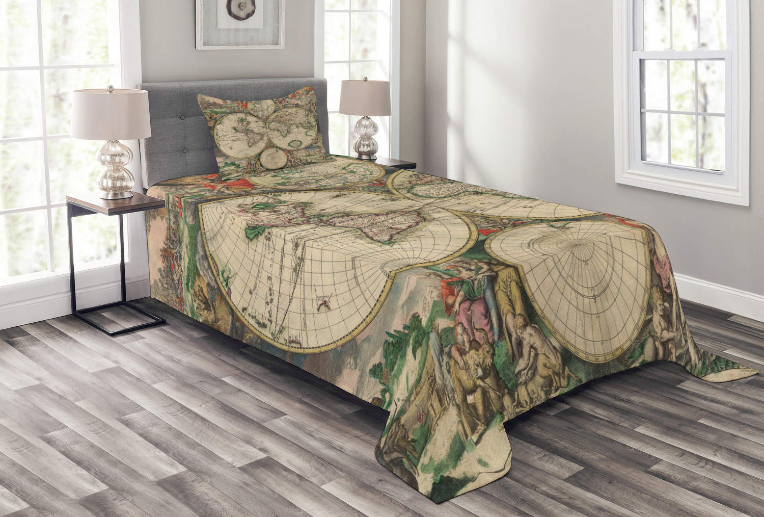 Twin White Quilted World Map Bedspread Set