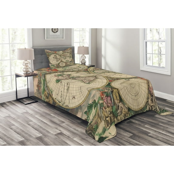 Ambesonne World Map Quilted Bedspread Set 2 Pcs, Antique Vintage Art, Twin Size, Multicolor
