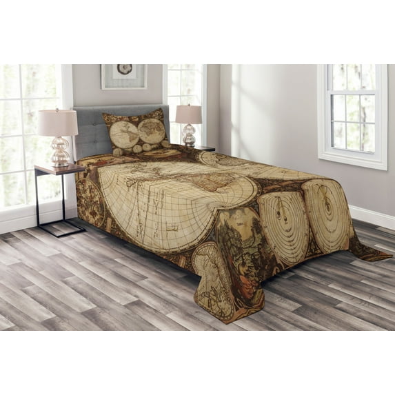 Ambesonne World Map Quilted Bedspread Set 2 Pcs, Historic Old Atlas, Twin Size, Multicolor