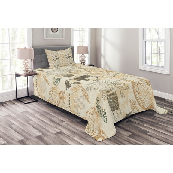 Ambesonne World Map Quilted Bedspread Set 2 Pcs, Vintage Globe, Twin Size, Beige Olive Green