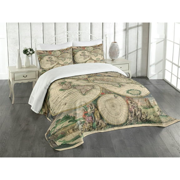 Ambesonne World Map Quilted Bedspread Set 3 Pcs, Antique Vintage Art, Queen Size, Multicolor