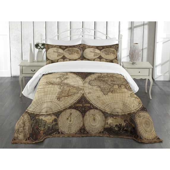 Ambesonne World Map Quilted Bedspread Set 3 Pcs, Historic Old Atlas, Queen Size, Multicolor