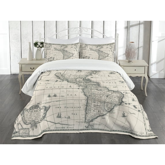 Ambesonne World Map Quilted Bedspread Set 3 Pcs, Retro Old America Map, Queen Size, Multicolor