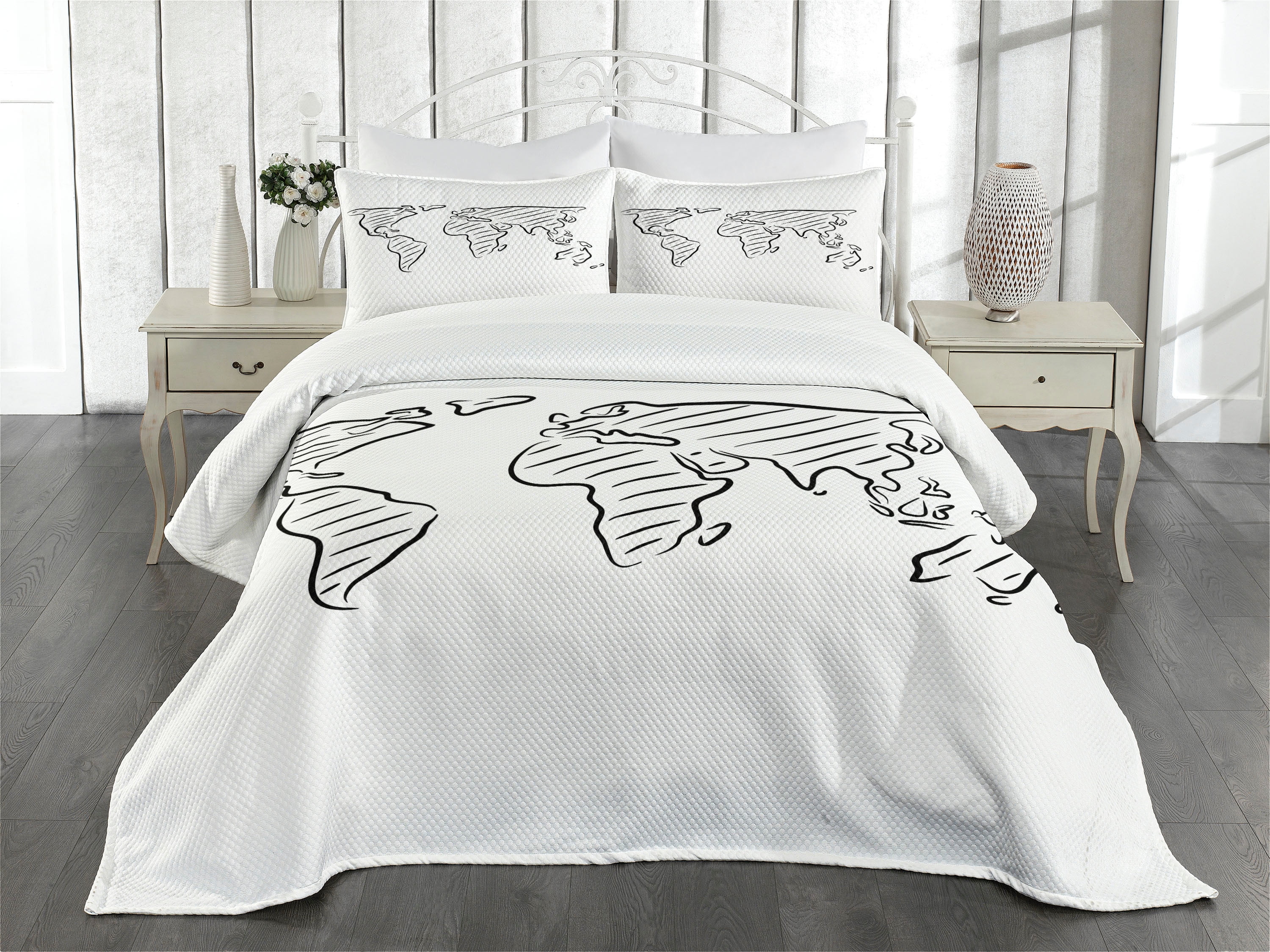 White Quilted Queen Bedspread Set with World Map Design