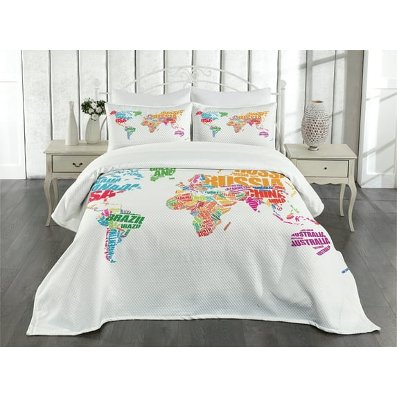 Ambesonne World Map Quilted Bedspread Set 3 Pcs, World Europe America, Queen Size, Multicolor