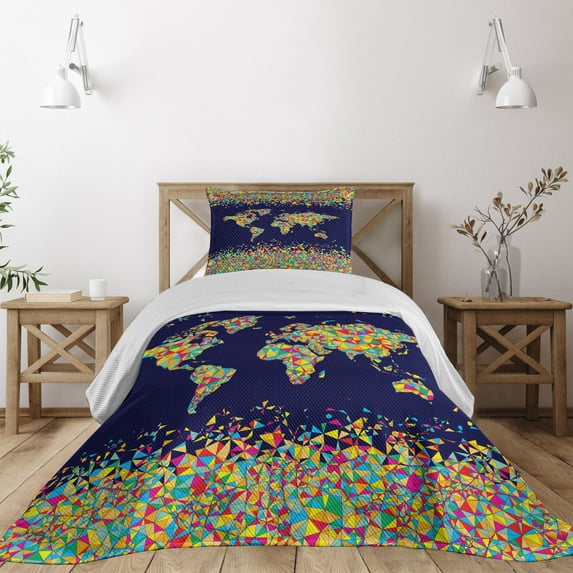 Ambesonne World Map Quilted Coverlet 2 Pcs, Mosaics Tiles Global, Twin Size, Dark Blue Yellow Blue