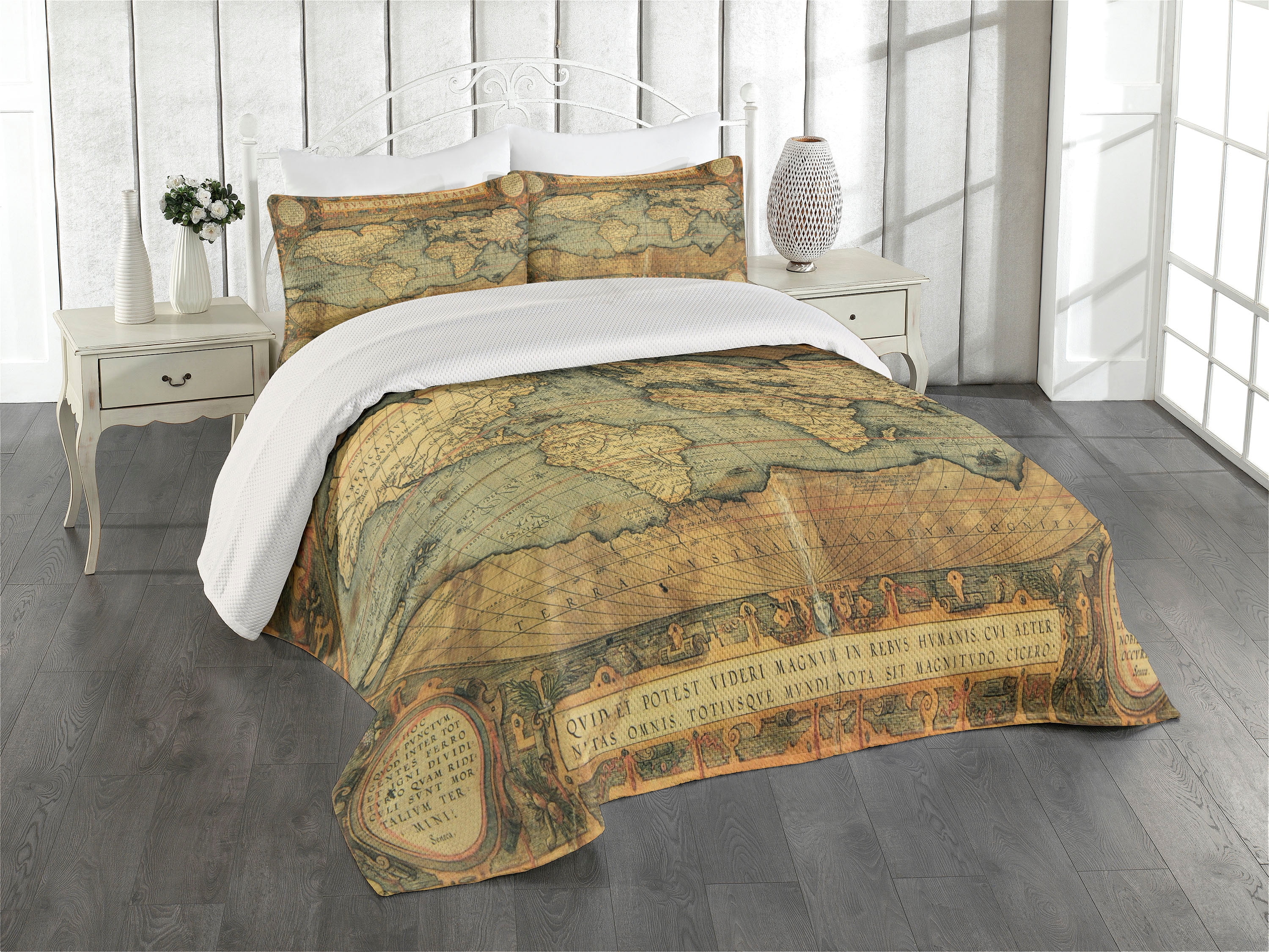 Twin Sand Brown Polyester World Map Bedspread Set