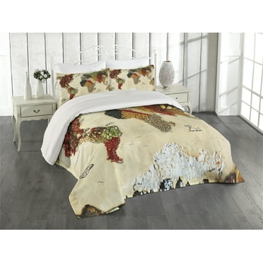 Ambesonne World Map Quilted Coverlet 3 Pcs, Boho Food, King Size, Multicolor