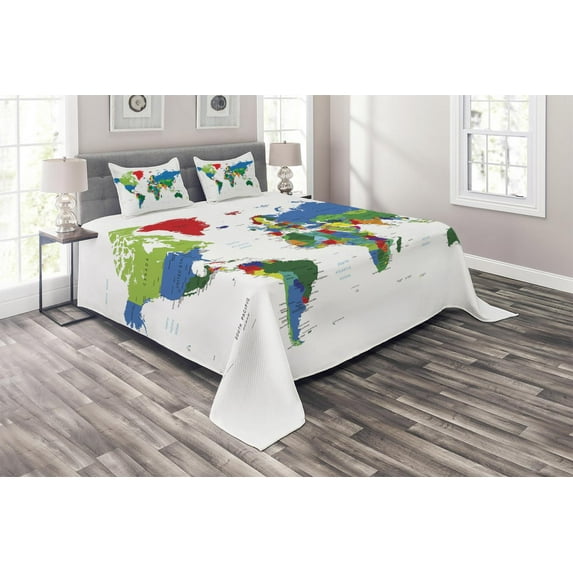 Ambesonne World Map Quilted Coverlet 3 Pcs, Colorful Political, King Size, Multicolor