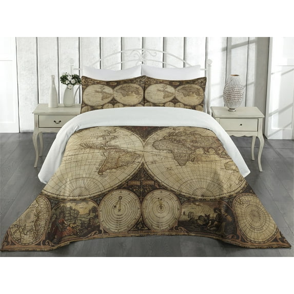 Ambesonne World Map Quilted Coverlet 3 Pcs, Historic Old Atlas, King Size, Multicolor