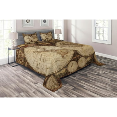 Ambesonne World Map Quilted Coverlet 3 Pcs, Historic Old Atlas, Queen Size, Multicolor