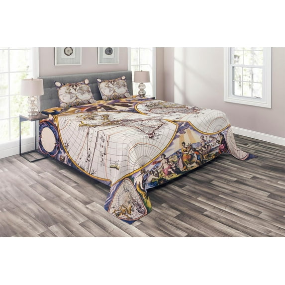 Ambesonne World Map Quilted Coverlet 3 Pcs, Sun Sky Birds Clouds, Queen Size, Multicolor