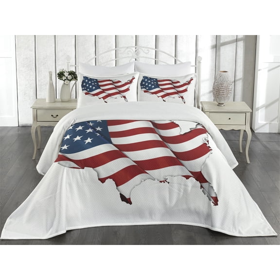 Ambesonne World Map Quilted Coverlet 3 Pcs, United States Flag, King Size, White Red Blue