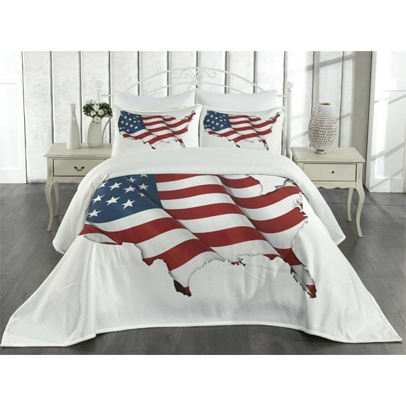 Ambesonne World Map Quilted Coverlet 3 Pcs, United States Flag, Queen Size, White Red Blue