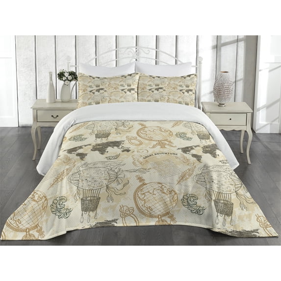 Ambesonne World Map Quilted Coverlet 3 Pcs, Vintage Globe, Queen Size, Beige Olive Green