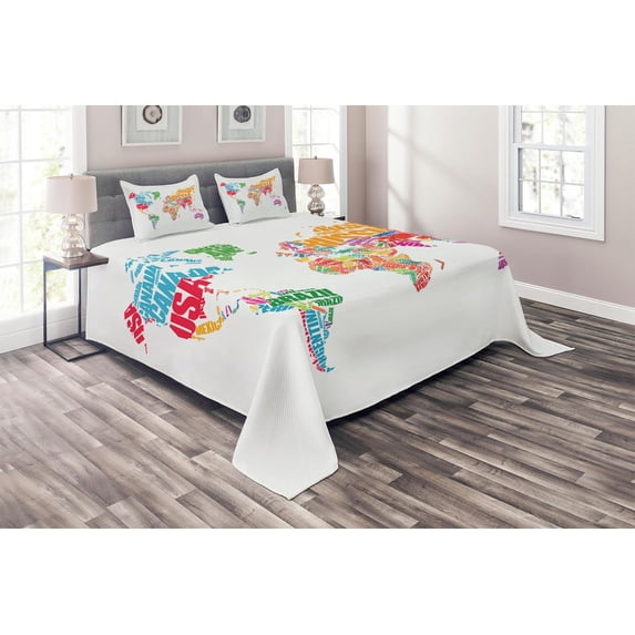 Ambesonne World Map Quilted Coverlet 3 Pcs, World Europe America, King Size, Multicolor