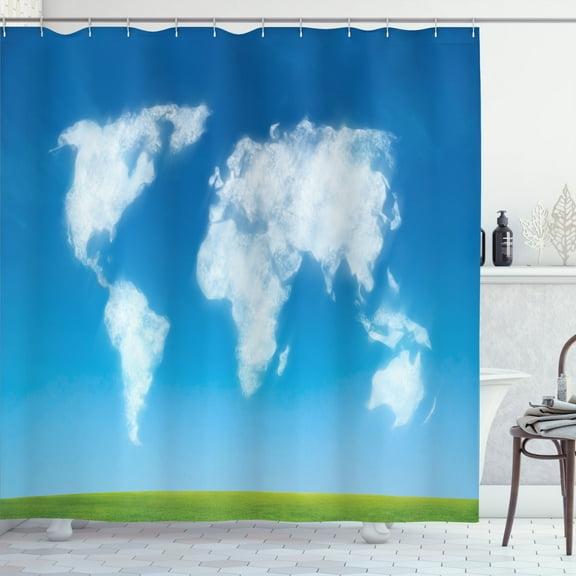 Ambesonne World Map Shower Curtain, Colored Clouds in Sky, 69"Wx84"L, Blue Green White