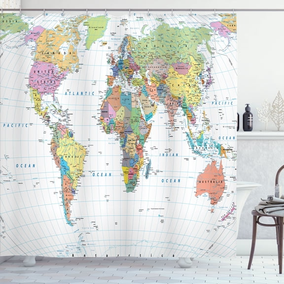 Ambesonne World Map Shower Curtain, Colorful Detailed Earth, 69"Wx75"L, White and Multicolor