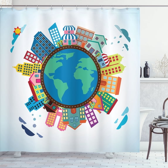 Ambesonne World Map Shower Curtain, Urban Life World Motif, 69"Wx70"L, Multicolor