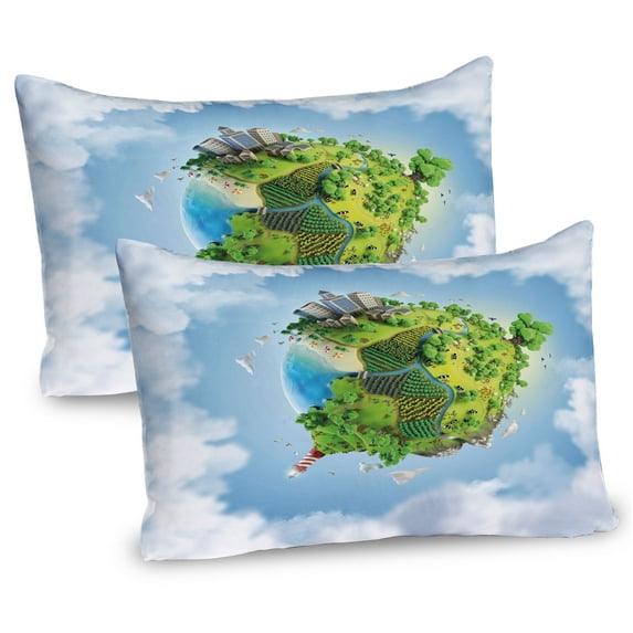 Ambesonne World Pillow Sham 2 Pack, Cartoon Globe Greenery, 36"x20", Green Pale Blue White