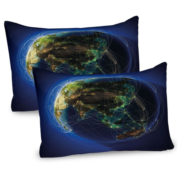 Ambesonne World Pillow Sham 2 Pack, Earth Lines Navigation, 26"x20", Blue Green Brown