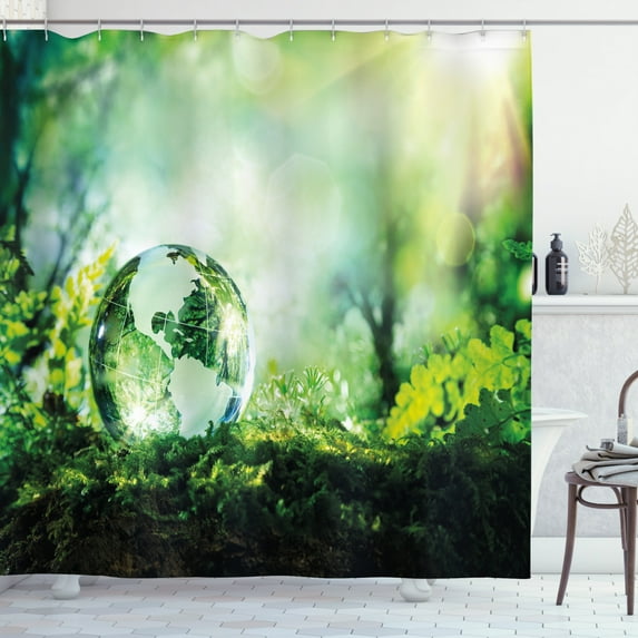 Ambesonne World Shower Curtain, Globe in Fresh Forest, 69"Wx84"L, Green Yellow