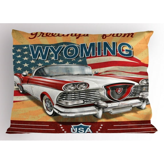 Ambesonne Wyoming Pillow Sham, Vintage Car and Greetings, 26" X 20", Multicolor