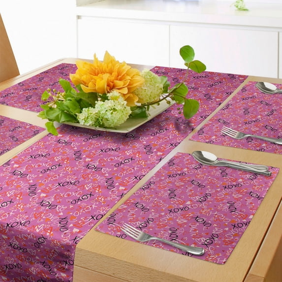 Ambesonne XOXO Table Runner & Placemats, Energetic Hearts Kisses Love, Placemat 4 pcs + Runner 14"x90", Pink Vermilion