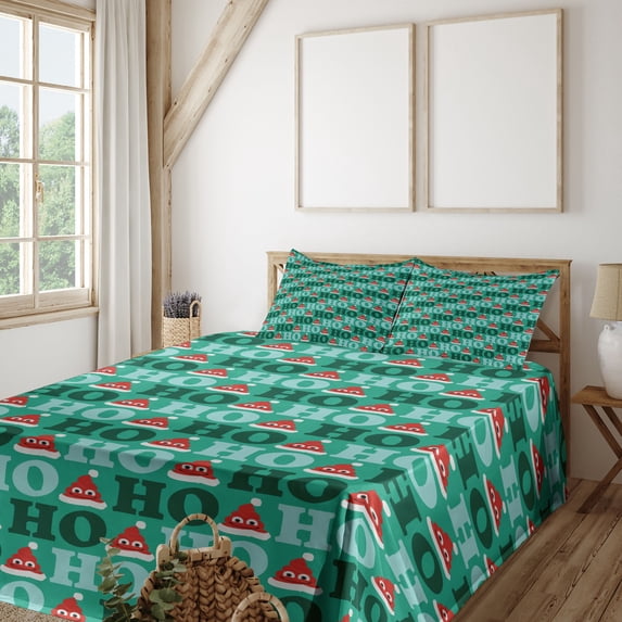 Ambesonne Xmas Emoji Fitted & Top Sheet Set with Shams, Modern Ho Letterings Art, Sea Green Red White