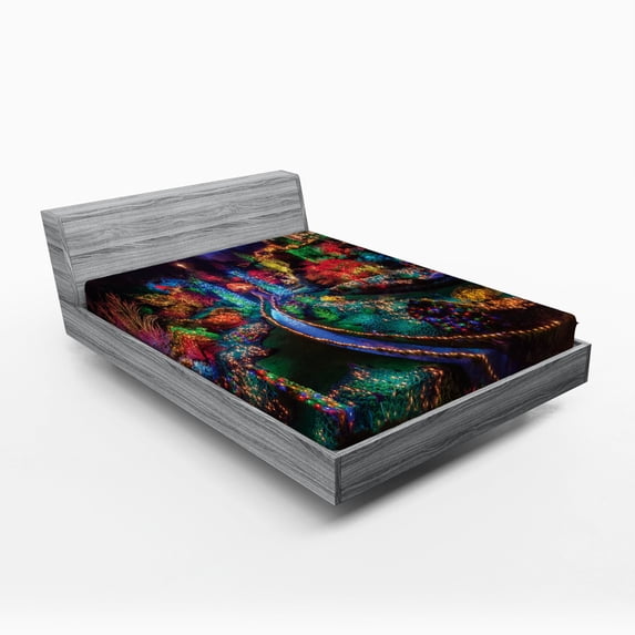 Ambesonne Xmas Fitted Sheet, Colorful Christmas View Nature, Full Size, Teal and Red