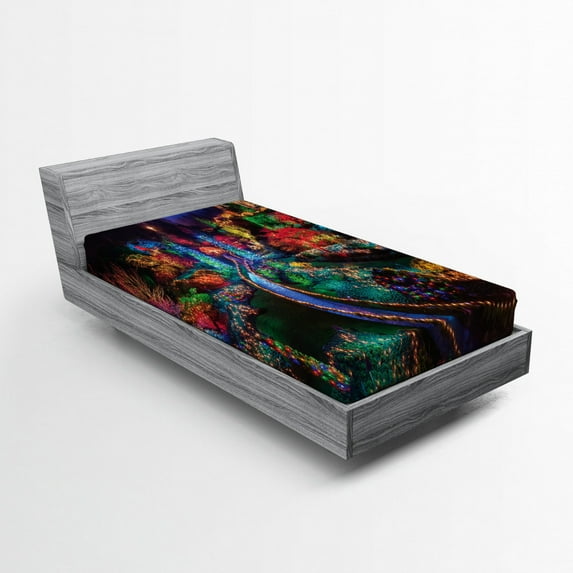 Ambesonne Xmas Fitted Sheet, Colorful Christmas View Nature, Twin XL Size, Teal and Red