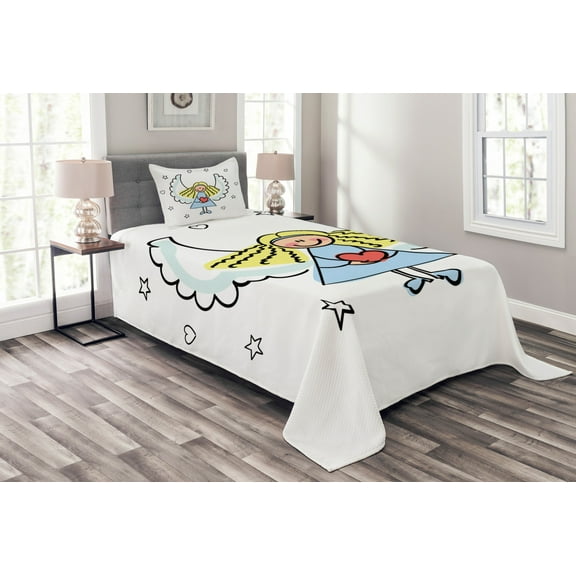 Ambesonne Xmas Quilted Bedspread Set 2 Pcs, Holiday Vibes Character Heart, Twin Size, Pale Blue White Black