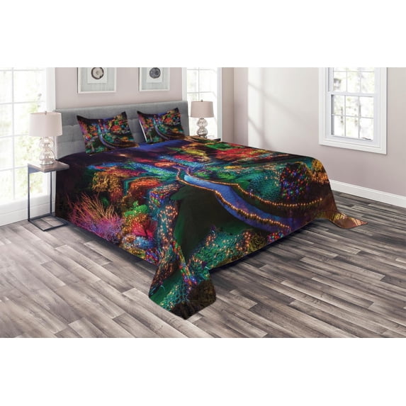 Ambesonne Xmas Quilted Coverlet 3 Pcs, Colorful Christmas View Nature, Queen Size, Teal and Red