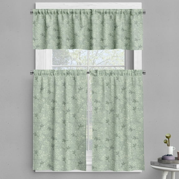 Ambesonne Xmas Valance & Curtain, Ornamental Wintery Elements, 55"x45", Pale Sage Green Cream