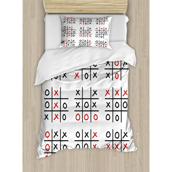Ambesonne Xo Duvet Cover Sets, Activity Game Set Art, 2-Twin, Black White and Red