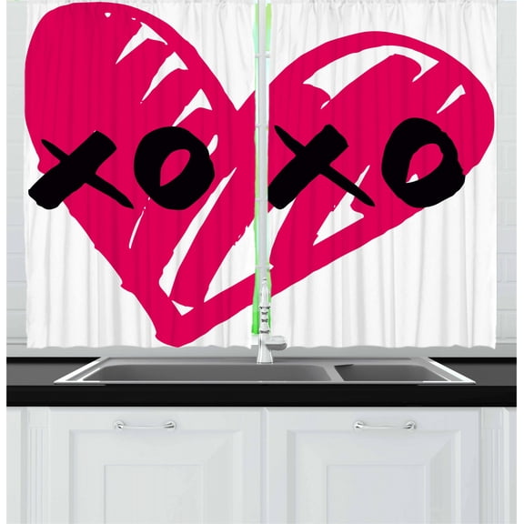Ambesonne Xo Kitchen Curtains, Calligraphy Lovers, 55"x39", Pink and Black