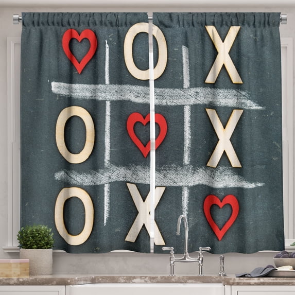 Ambesonne Xo Kitchen Curtains, Vintage Style Chalk Written, 55"x39", Blue Grey Red Cream