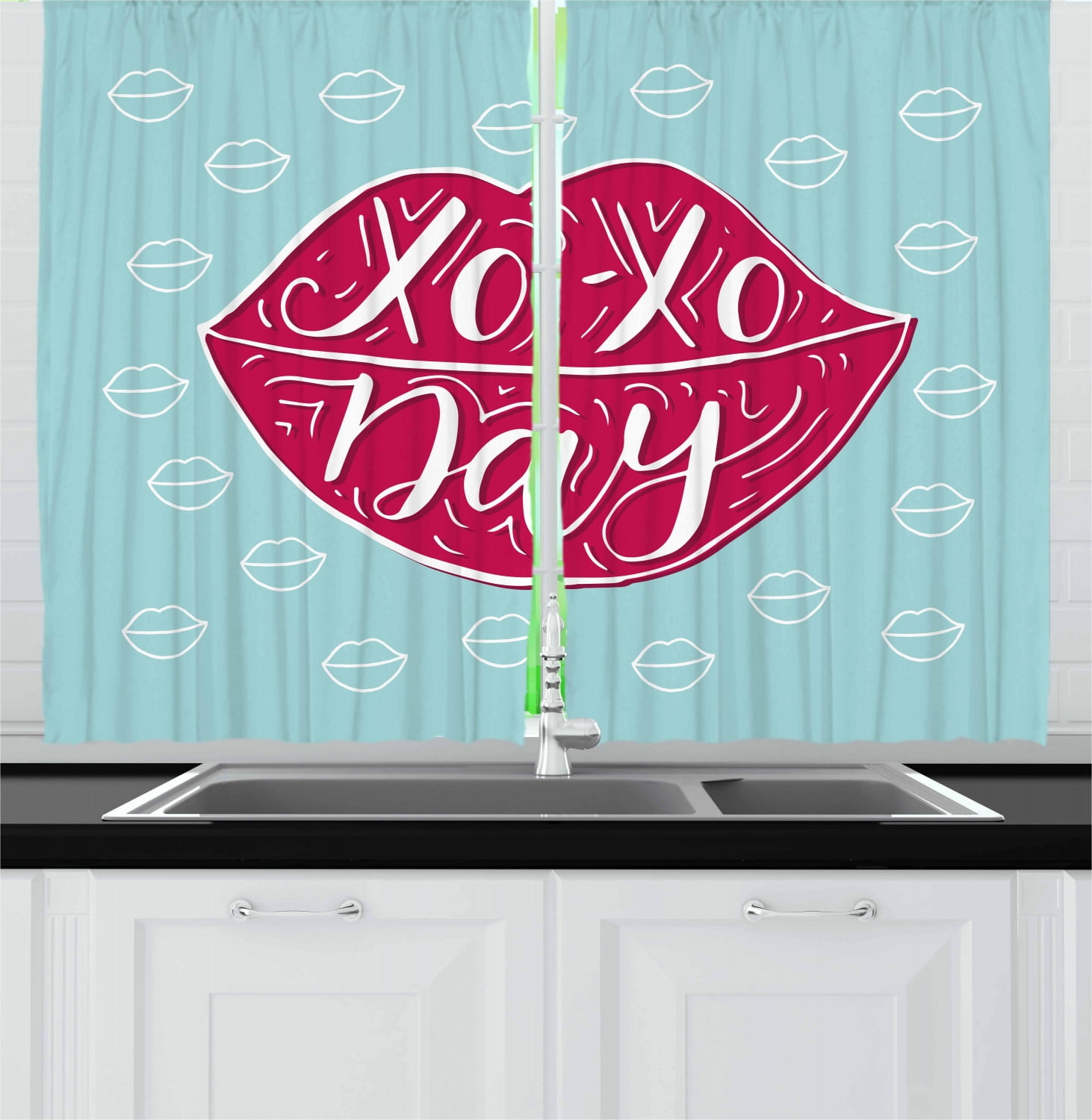 Light Blue and Pink Polyester Kitchen Tier Curtains