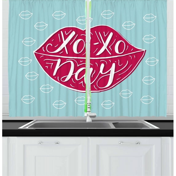 Ambesonne Xo Kitchen Curtains, Woman Lips and Phrase Kisses, 55"x39", Dark Coral and Seafoam