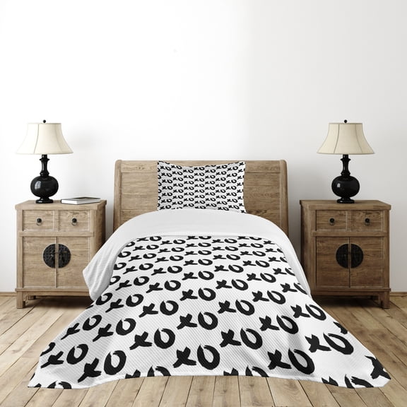 Ambesonne Xo Quilted Bedspread Set 2 Pcs, Paintbrush Words Art, Twin Size, Black and White