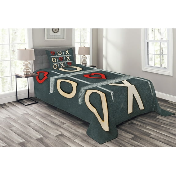 Ambesonne Xo Quilted Bedspread Set 2 Pcs, Vintage Style Chalk Written, Twin Size, Blue Grey Red Cream