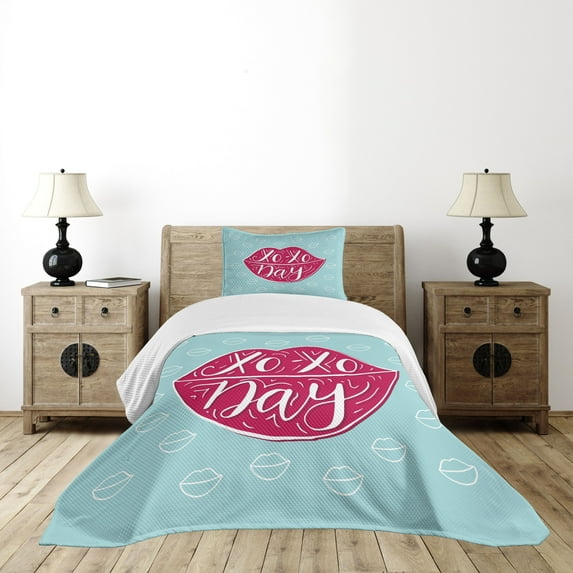 Ambesonne Xo Quilted Bedspread Set 2 Pcs, Woman Lips and Phrase Kisses, Twin Size, Dark Coral and Seafoam