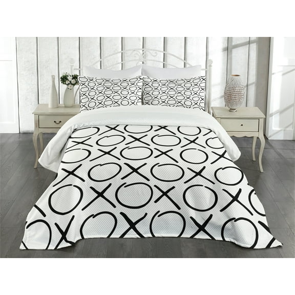 Ambesonne Xo Quilted Bedspread Set 3 Pcs, Doodles Monochrome Style, King Size, Black and White
